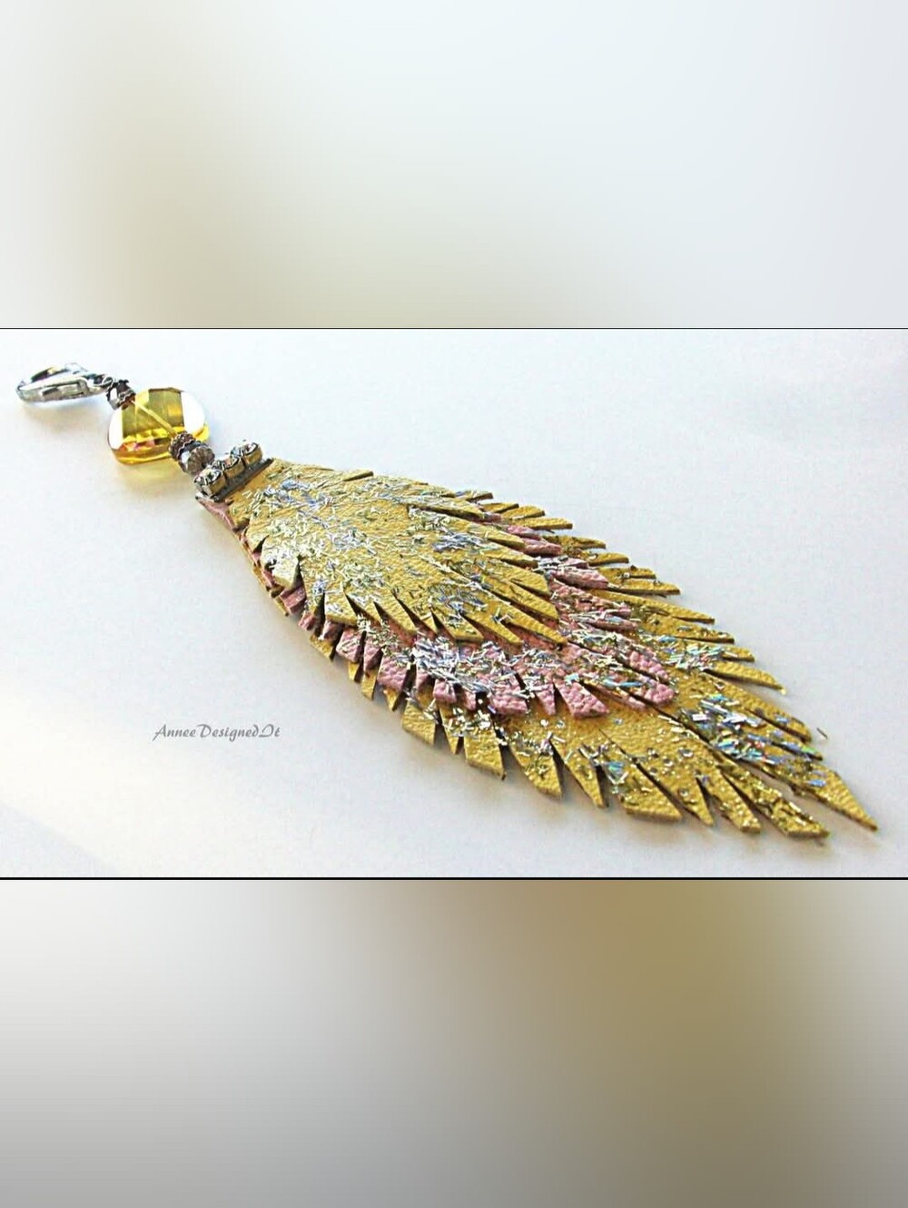 Handcrafted Gold and Pink Hand Painted Leather Feather Keychain